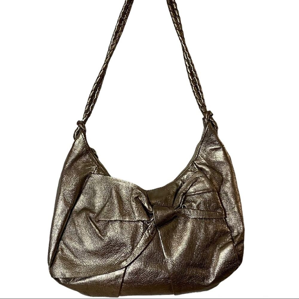Elliott Lucca Silver Metallic Leather “Capella” Hobo Style Handbag Purse
